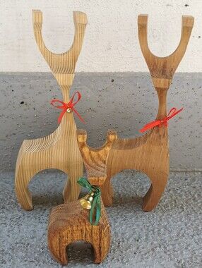 Vintage MCM Scandinavian Style Hand-Carved Wooden Reindeer Family Set of 3